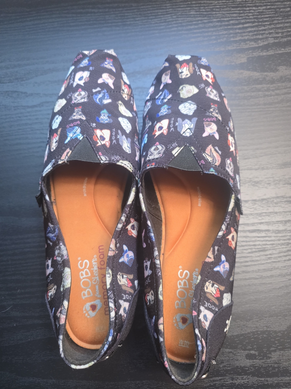 BOBS from Skechers Women's Canvas Slip-On Flats - Colorful Dog Print - Size 10
